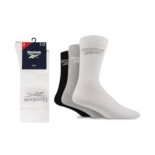 Image of Reebok Unisex 'Core' Crew Socks - Mens and Ladies, Regular Calf Length Socks, Soft Cotton with Seamless Toes 3 Pair Multipack Size Range of UK 2.5-12.5 White/Grey/Black 8.5-10