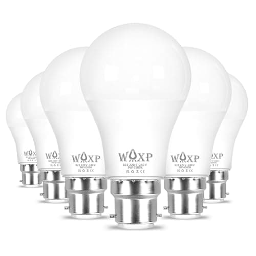 Image of WAXP Bayonet B22 LED White Light Bulb 60W Equivalent, 850 Lumen, 9W Light Bulbs Bayonet Fitting, Cool White 6500K, Non-Dimmable Energy Saver LED Lightbulb, Pack of 6