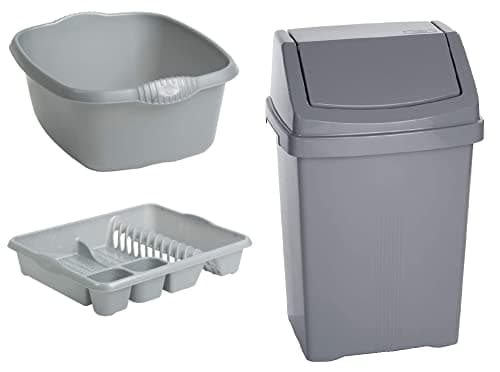 Image of 50L Kitchen Bin, Large Dish Drainer and Rectangular Washing Up Bowl Plastic Home/Office/Kitchen (Silver/Grey) - Set of 3