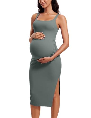 Image of CRZ YOGA Women Butterluxe Maternity Dress Square Neck Sleeveless Ruched Split Hem Midi Bodycon Tank Dress Pregnancy Clothes Grey Sage 12