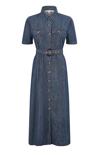 Image of Yumi Blue Chambray Utility Midi Denim Shirt Dress (UK, Numeric, 10, Regular, Regular, Blue)
