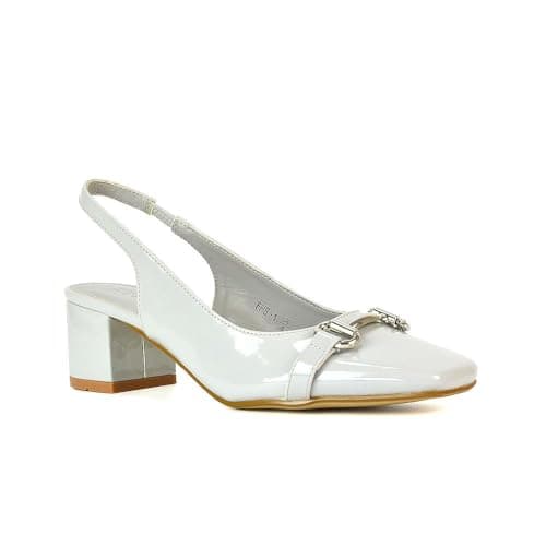 Image of Women's Block Mid Heel Court Shoes Ladies Grey Patent Slingback Buckle Detail Square Toe Size 6