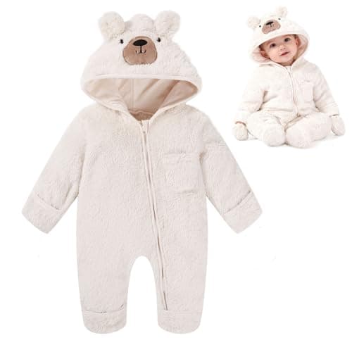 Image of ChYoung Baby Snowsuit Onesie Newborn Baby Girl Boy Clothes Bear Hooded Footed Fleece Romper Fall Winter Outfits (White, 3-6 Months)