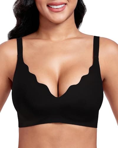 Image of Vinfact Women's Bras Plunge V Floral Non Wired Push up Padded Comfort Everyday Bra-Black-M