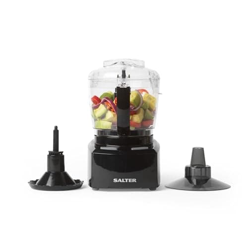 Image of Salter EK3171 Mini Food Processor - Prep Pro Compact Food Mixer, Electric Vegetable Chopper, 1L BPA-Free Plastic Easy Pour Jug, Stir, Mix, Blend, Chop, Whip & Grind, Stainless Steel Blade, 200W, Black