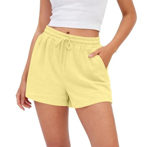 Image of Women Cute Sweat Shorts Casual Loose Fit Elastic Drawstring Waist Lounge Micro Shorts with Pockets Travel and Beach Vacation (Yellow,S)