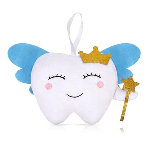 Image of XIHIRCD Tooth Cute Fairy Pillow with Wings & Pocket, Embroidered Tooth Bag/Pouch Small Tooth Smile Fairy Doll Lost First Tooth Gift for Girls Boys (Blue)