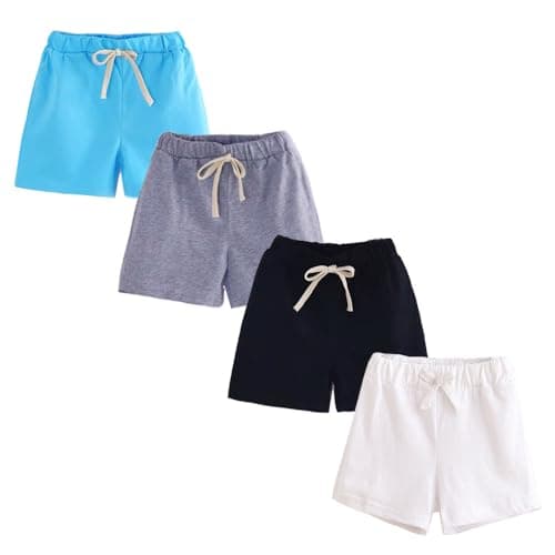 Image of FedMois Boys' Summer Shorts Cotton, Pack of 4, Blue, Grey, Black and White, 7-8 Years