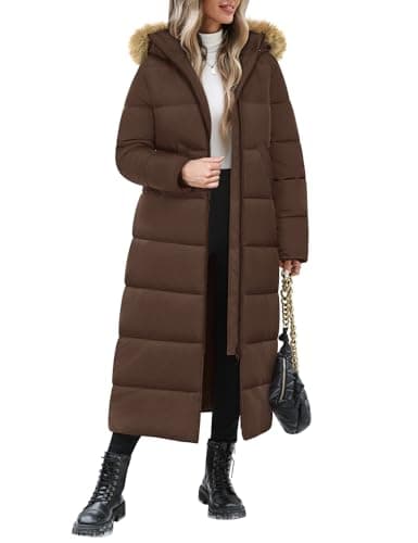 Image of Tuopuda Long Winter Coat for Women Warm Quilted Coats Thick Padded Puffer Ladies Winter Jacket Coat With Fuffly Hood(Brown,L)