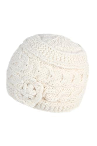 Image of Pachamama Women Wool Beanie Hat Handknitted Cable Knit with Flower One Size Handmade Extra Warm Fair Trade (Wool, Cream)
