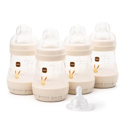 Image of MAM Easy Start Anti-Colic Baby Bottles | 4 Pack (4X 160ml) | Self-Sterilising Baby Milk Bottle | Slow Flow MAM Teats Size 1 + 1x Medium Flow Teat Size 2 | Linen (Various Designs)