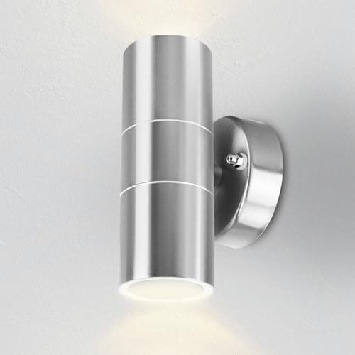 Image of Kerry Outdoor Wall Lights, LED Up Down Mains Powered Lighting, Silver Stainless Steel IP44 Waterproof, Exterior Wall Sconce for Indoor, Front Door, Patio, Hallway, Porch, Garden, Garage, Post