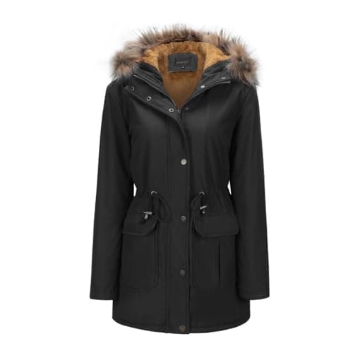 Image of YFFUSHI Women Warm Faux Fur Hooded Jacket Long Sleeves Fleece Lined Winter Coat Winter Parka Outerwear,Black,M