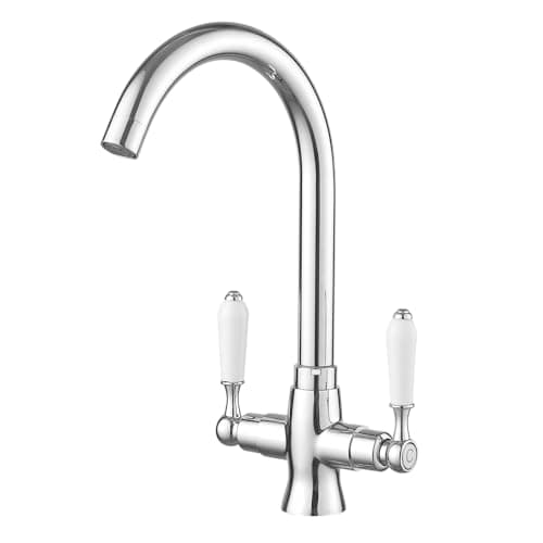 Image of Heable Chrome Kitchen Sink Mixer Tap with White Ceramic Dual Lever Monobloc Victorian Style Kitchen Taps 1 Hole Elegant Swivel Mono Traditional Sink Faucet with Flexible Hoses