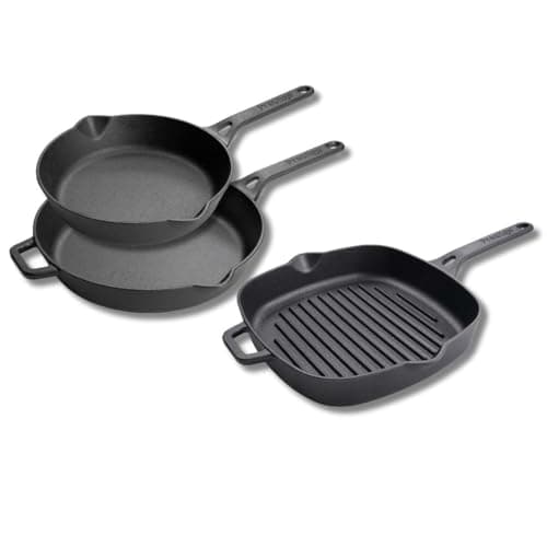 Image of Prestige Cast Iron Frying Pan and Grill Pan Set – 3 Piece, Pre-Seasoned, Non-Toxic, Induction & Oven Safe, Easy Clean, 22cm, 26cm, 25cm