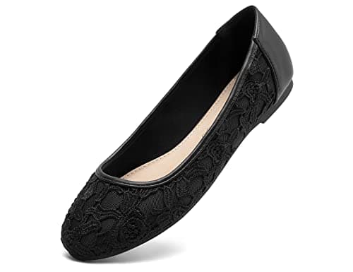 Image of Greatonu Women Causal Shoes Cut Out Slip On Lace Floral Closed Toe Ballet Ballerina Flats Black with Lining Size 7 UK