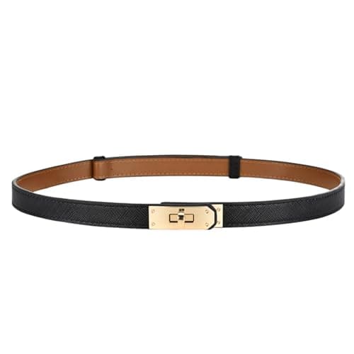 Image of FENLDY Adjustable Thin Belts For Womens Skinny Belts For Dresses Womens Solid Color Alloy Turn Lock Belts For Jeans, Black Belt Gold Buckle, One size