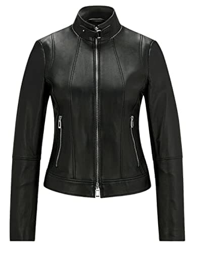 Image of Women's Real Leather Fitted Biker Jacket Casual Coat Black Winter Zipped Jacket (as8, alpha, x_s, regular, regular, XS)