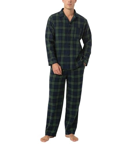 Image of LAPASA Men's 100% Cotton Flannel Pajama Set Pyjamas Top & Bottom M95 (Dark Green & Navy Plaid, Medium)