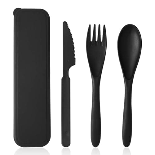 Image of Travel Cutlery Set with Case Plastic Reusable Cutlery Set for Camping Travel Picnic Office School Lunch Box (Black)