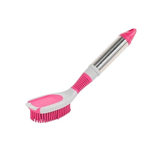 Image of Kleeneze KL076816EU7 Dish Brush, Rubber Bristles, Oval Head Scrub Brush, Stainless Steel Handle, Hanging Loop For Easy Storage, Heart Shaped Scrubbing Bristles, Easy Clean, Kitchen Tool, Grey/Pink