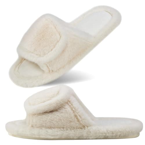 Image of CCSOFTIME Wide Fit Fluffy Women Slippers,Ladies Warm Fur White Slippers Open Toe Memory Foam Slip On Cozy Slipper with Adjustable Strap House Shoes for Indoor Bedroom,White(UK7/8)