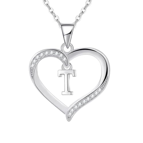Image of Cosie Lily Silver Necklaces for Women Heart Initial Necklace Sterling Silver Necklace Letter Necklace T Name Pendant Jewellery for Women,Initial Necklaces for Girls Gifts for Girls Birthday Presents