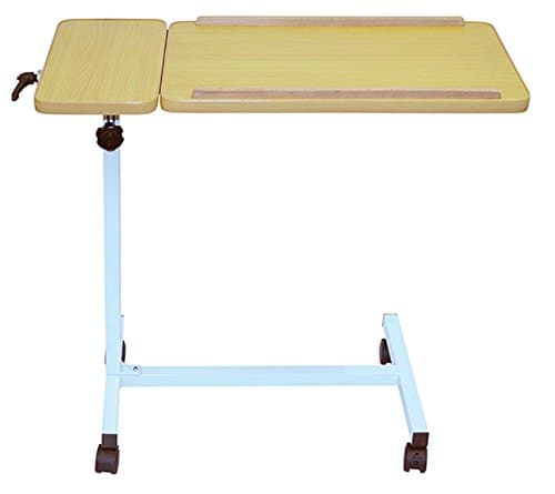 Image of Aidapt Twin Overbed and Chair Table Desk with Hygienic Laminated Easy Clean Top, Height and Angle Adjustment for Writing, Eating, Reading and Hobbies with Easy Move Castors with Brakes.