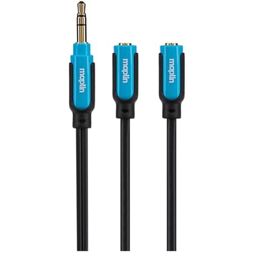 Image of Maplin 3.5mm Aux Stereo 3 Pole TRS Jack Plug to Twin 3.5mm Female Jack Cable 0.25m