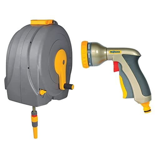 Image of Hozelock 2496R0000 Wall Mounted Fast Reel with 40m Hose & HOZELOCK Multi Plus Spray Gun, Multicolour