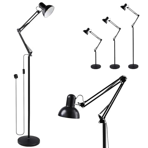 Image of Warmiehomy Modern Reading Floor Lamp, Vintage Floor Standing Reading Lamp, Standing Floor lamp, E27 Bulb Base, Metal Swing Arm Floor Light for Bedroom, Living Room Library Office Standard Lamp, Black