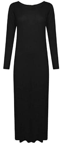 Image of New Women’s Long Sleeve Maxi Dress Stretchy Ladies Plain Jersey Round Scoop Neck Casual Style Plus Size UK 8-26 Black
