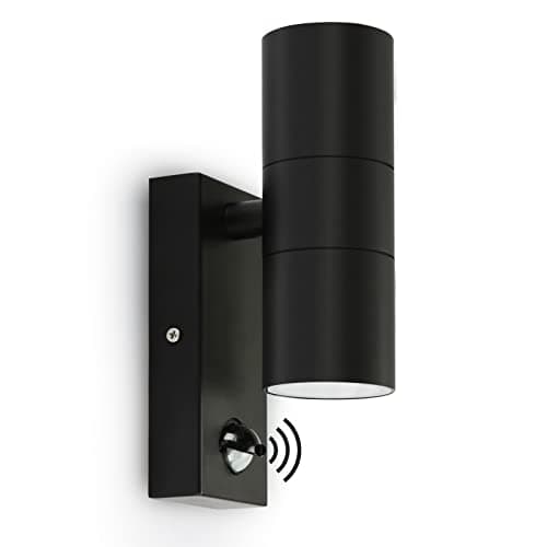 Image of Kerry Outdoor Wall Lights, Up and Down Lamp with Motion Sensor, IP44 Black Stainless Steel Outside Lighting Mains Powered Fixtures, PIR Detector External Wall Sconce for Front Door, Porch, Garden