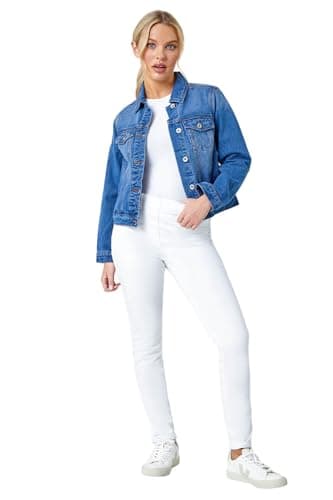 Image of Roman Originals Jean Denim Jacket for Women UK Ladies 100% Cotton Summer Casual Stretch Crop Smart Utility Trucker Biker Fitted Vintage Wash Faded Classic Work Twill - Petite Blue - Size 16