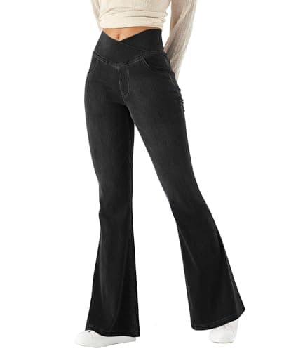 Image of LaiEr Women Bootcut Jeans V Crossover High Waist Pull on Tummy Control Casual Fitness Skinny Yoga Pants,Denim Highly Elasticity Soft Fabric,Flared Fitness Trousers with Side Pockets.(BlackXL)