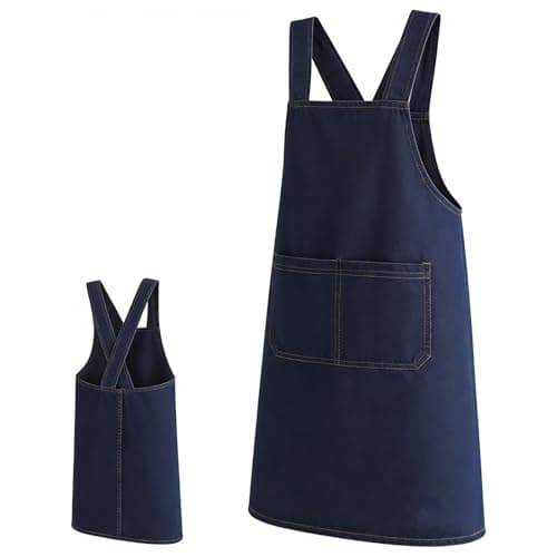 Image of MAUDFEK Denim Apron for Women Cross Back Apron, Durable Fabric with Pockets for Cooking and Gardening Tasks, Deep Blue Denim Apron with Practical Storage Solutions