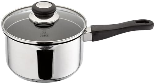 Image of Judge Vista Draining Non-Stick Large Saucepan with Pouring Lip 18cm 2.1L Shatterproof Glass Strain & Pour Lid, Induction Ready, Oven Safe