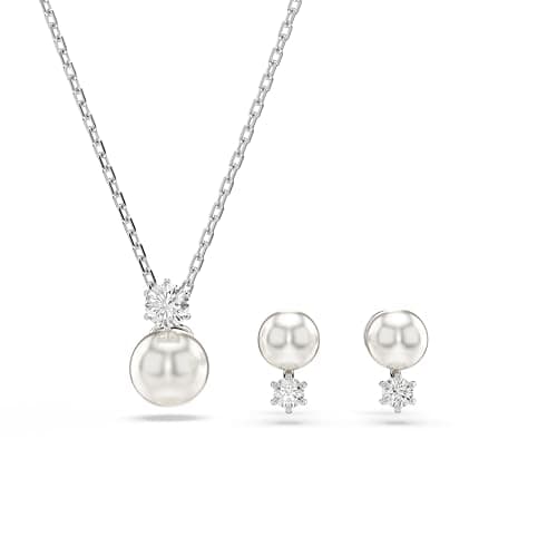 Image of Swarovski Matrix Necklace and Earring Set, Crystal Pearls and Clear Round-Cut Stones in a Rhodium-Finished Setting, Part of the Matrix Collection
