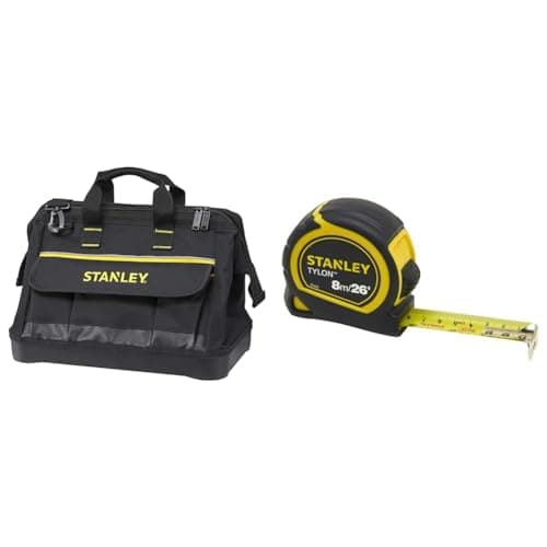 Image of STANLEY 600 Denier Open Mouth Tote Tool Bag, Multi-Pocket Storage Organiser for Tools and Small Parts, 16 Inch, 1-96-183 & Tylon 8m/26ft Pocket Tape Yellow/Black, 0-30-656