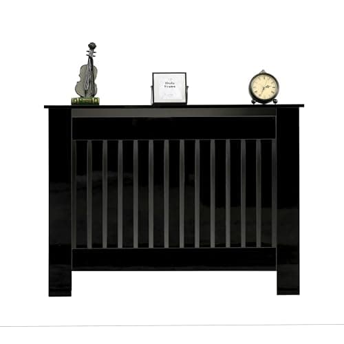 Image of FUSIDE High Gloss Black Radiator Cover Cabinet, Modern Chipboard Heating Cover with Display Top,Vertical Slat Design for Living Room Bedroom Hallway (XL(L172 x W19 x H85 cm))