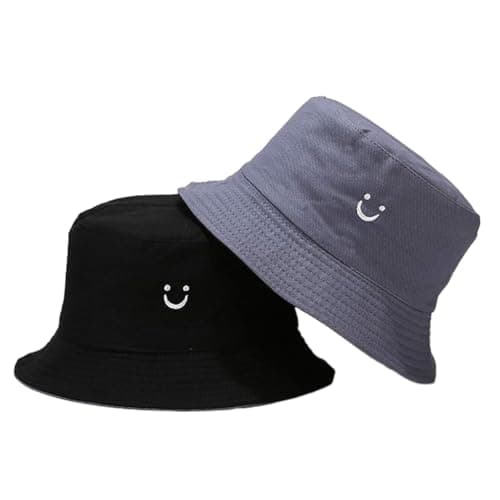 Image of PythJooh 1PC Girls Boys Embroidered Smile Face Bucket Hat Kids Reversible Sun Hat Foldable Beach Hats Outdoor Caps for 2-8Years