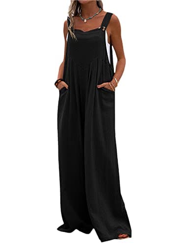 Image of YILEEGOO Cotton Linen Dungarees for Women, Ladies Casual Overalls Baggy Wide Leg Pants Jumpsuit Playsuit (A-Black, Large)