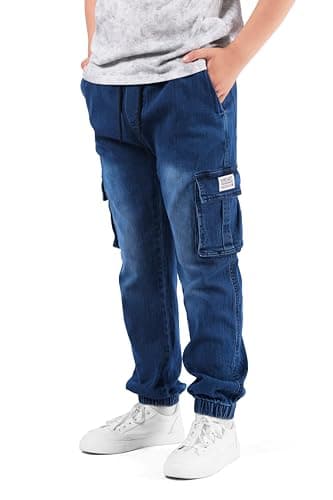 Image of NATUST Boys Cargo Trousers Kids Elastic Waist Joggers Multi Pockets Jeans Pants Blue 13-14 Years