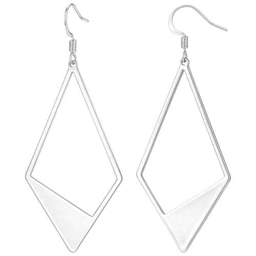 Image of Silver Drop Earrings for Women White Gold Plated Shiny Geometric Rhombus Drop Dangle Hook Earrings for Ladies Elegant Hypoallergenic Earring Hooks Jewelry