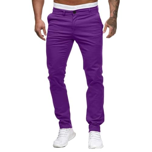 Image of Mens Chinos Skinny Slim Fit Dress Pants Stretch Flat Front Straight Leg Denim Jeans Lightweight Comfort Slacks Business Chino Trousers Purple