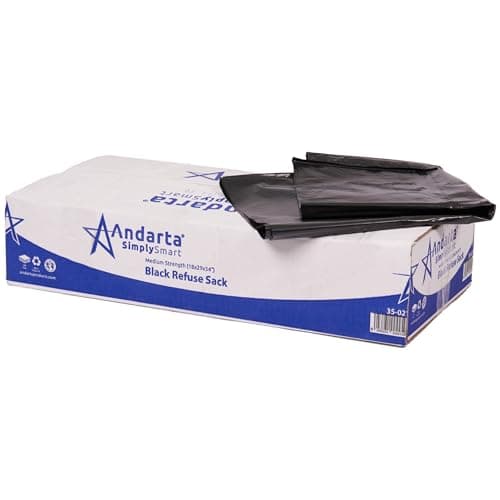 Image of Andarta - Medium Duty Black Refuse Sacks - Bulk Box of 200 (90L Capacity) - Puncture Resistant and Odourless Black Bin Bags - Made from Recycled Materials - For Home Use and General Waste