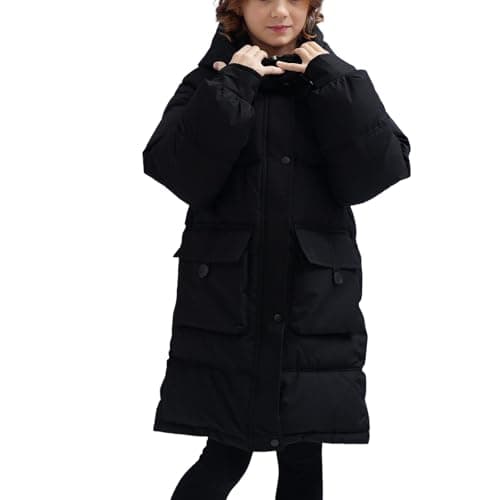 Image of Teen Girls Long Puffer Coats Winter Waterproof Oversized Hooded Insulated Jackets Kids Windproof Outwear with Pockets (Black, 15-16 Years)