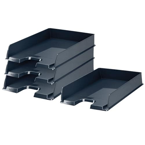 Image of Rexel Choices A4 Letter Tray, Stackable & Stepped Document Organiser with Textured Sides, Label Area, Sturdy Plastic, Black, Pack of 4, 2115735