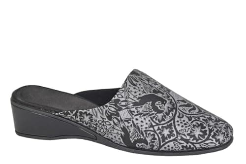 Image of Sleepers Womens Priya Wedge Heel Slip On Mule Slippers With Brocade Textile Upper Black/Silver 3 UK