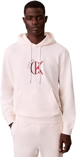 Image of Calvin Klein Men's LS EU 350TERRY GRAPHIC HOODIE LV04RE255G Sweatshirts, WHITE (White Greige), M